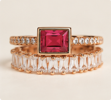 Ruby & Baguette Stack Ring Set